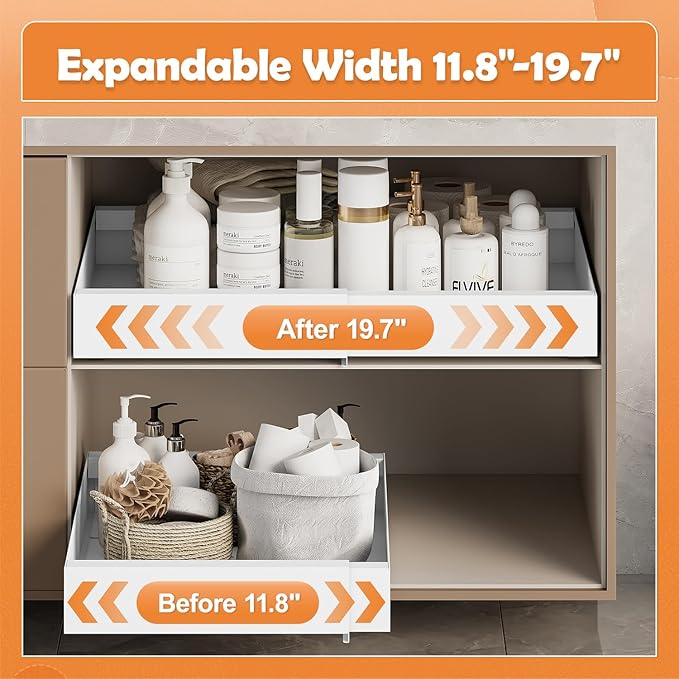 Pull-Out Cabinet Organizer with Expandable - Spice Rack Organizer for Cabinet & Slide-Out Drawers for Kitchen Cabinets，Adjustable Width 11.8"-19.7" White
