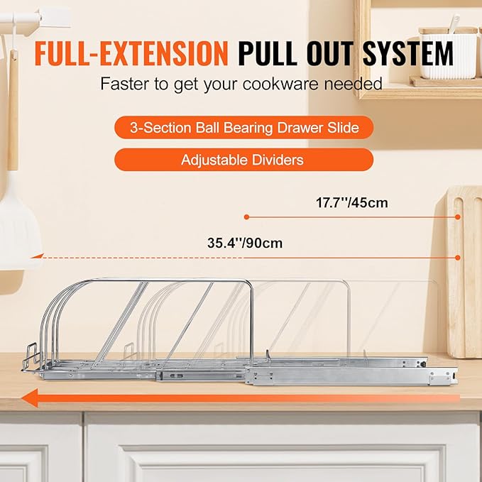 VEVOR Pan and Pot Rack, Expandable Pull Out Under Cabinet Organizer, Cookie Baking Pans tray Organization, Adjustable Wire Dividers, Steel Lid for Kitchen Cabinet & Pantry, 8.5"W