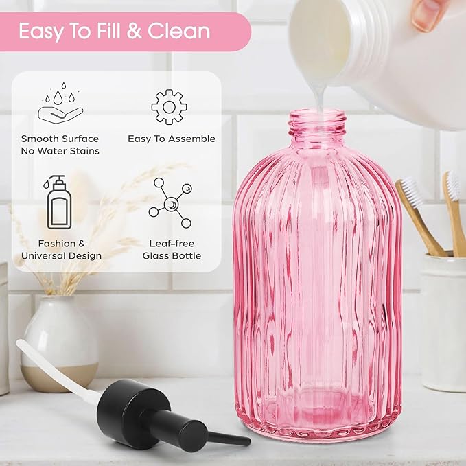 2 Pack Stripe Glass Soap Dispenser with Black Plastic Pump, 400ml Liquid Hand Soap Dispenser, Rustproof Pump for Kitchen & Bathroom, Great for Lotions, Essential Oil, Liquid Soaps- (Pink)