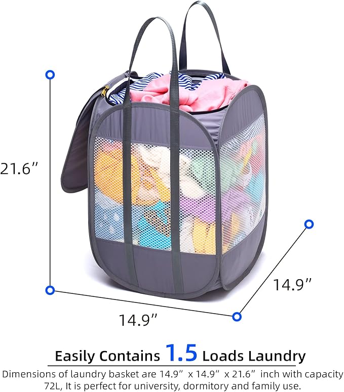 1.5 Loads, Pop-up Laundry Hamper with Extended, Thickened and Reinforced Handles, Tear Proof, Laundry Basket with Zipper Lid, With YKK Zipper, Honey Comb Mesh, Breathable, 14.9"*14.9"*21.6" (white)