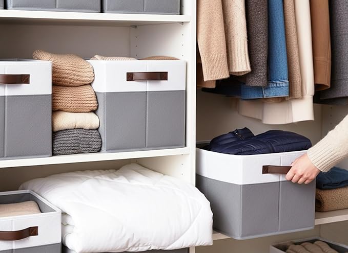 Cupic Cupid Storage Bins Closet, Fabric Closet Organizers and Storage, 4-Pack Baskets for Organizing, Large Storage Boxes with Handles for Clothes and Toys, Gray and White