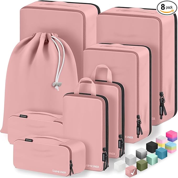 8 Set Compression Packing Cubes for Travel, Waterproof Luggage Organizers, Suitcase Organizer Set for Carry-On & Checked Baggage, Travel Accessories for Men & Women