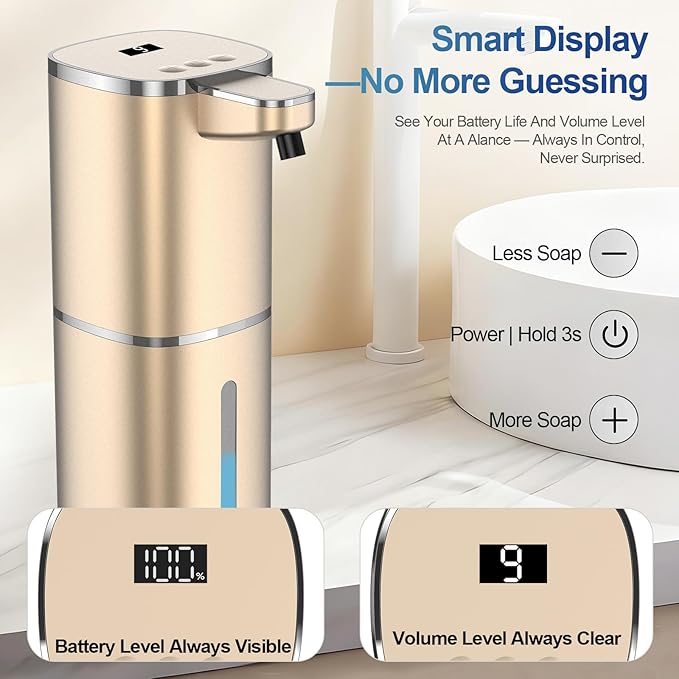 Automatic Liquid Soap Dispenser, 9 Adjustable Levels, 380ml/12.8oz, Touchless Hand Soap or Dish Soap Dispenser,IR Sensor & Display,Wall-Mount or Tabletop Use for Bathroom Kitchen (Gold)