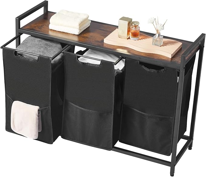 VEVOR 3 Section Laundry Sorter, Large Laundry Hamper with Metal Frame and Wooden Tabletop, Freestanding Storage Organizer Baskets with Pull-Out 600D Oxford Cloth Bags for Dirty Clothes, Bathroom