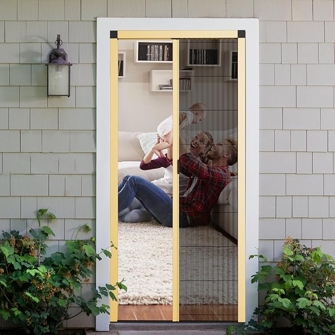 Customize Retractable Screen Door, Sliding Folding Screen with Aluminum Frame and Durable Mesh, Keeps Bugs Out, for Front Security Patio Door(Champagne