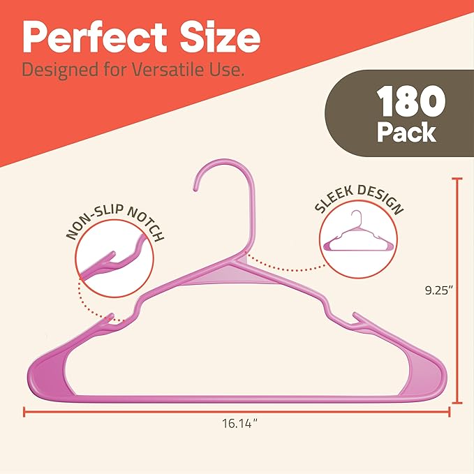 Pink Plastic Hangers 180 Pack– Heavy-Duty Plastic Hangers Slim and Space-Saving, Durable and Lightweight PP with Non-Slip Shoulder Notches for Slip Dresses, Suits, Jackets & Camisoles