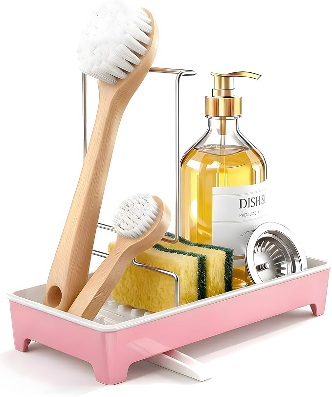 Minimalist Sink Caddy, Rustproof Sponge Holder for Kitchen Sink with 304 Stainless-Steel Brush Holder, Countertop Rack Organizer with Raised Ridges & Silicone Drain Tube (Blush Pink)