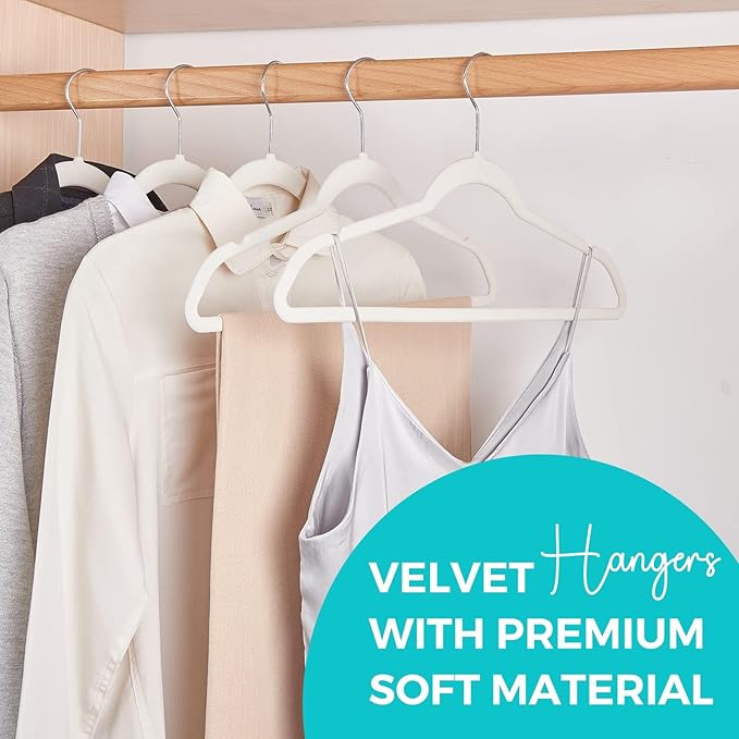 HOUSE DAY Premium Velvet Hangers 50 Pack, Non-Slip Flocked Felt Hangers, Sturdy Clothes Hangers with 360° Rotatable Hook, Heavy Duty Coat Hanger, Durable Slim White Hanger for Closet Space Saving