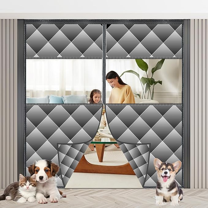 Magnetic Thermal Insulated Door Curtain with Detachable Visible Windows, Thicken Polyester Fiberfill & Durable Oxford Fabric, Hands Free Windproof Door Screen, Fit Doors Size Up to 72 x 80 Inch, Grey