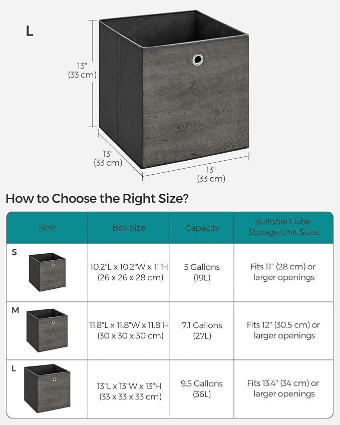 SONGMICS Storage Cubes, Set of 6 Storage Bins with Handles, Foldable Oxford Fabric and Non-Woven Fabric Storage Boxes, 13 x 13 x 13 Inches, Fit Cube Storage Unit, Misty Gray URFB133G01