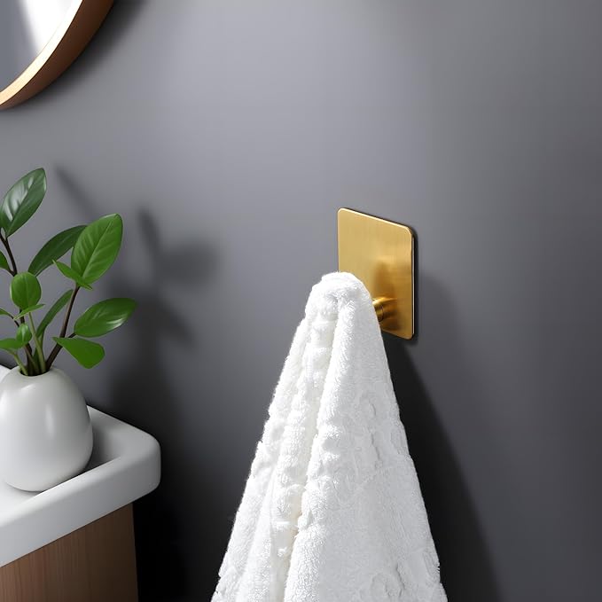 DELITON Adhesive Hooks - 4 Pack Gold Towel Hooks for Hanging Coat/Robe, Heavy Duty Stick on Wall for Bathroom and Kitchen
