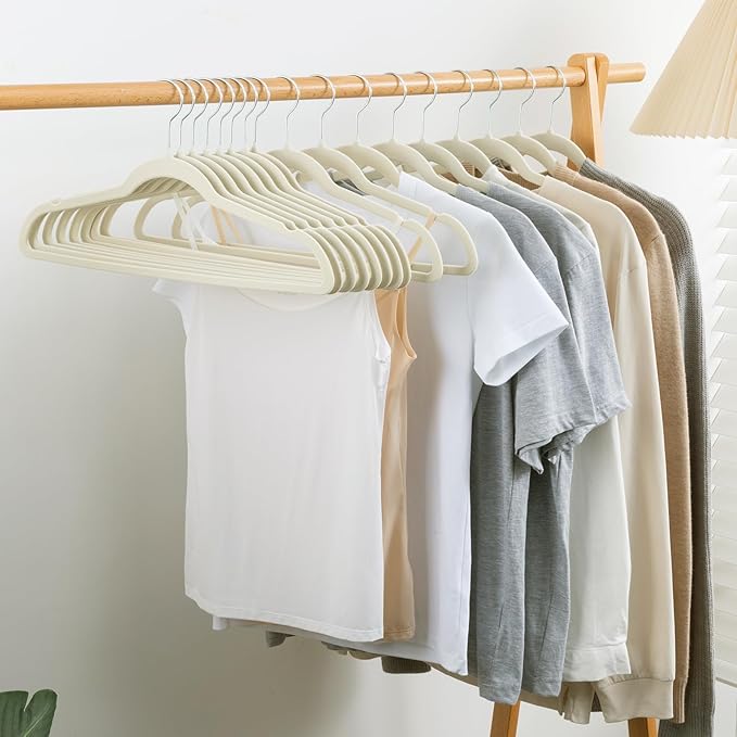 ELONG HOME Velvet & Slim Felt Hangers 50 Pack, Beige 360 Swivel Hook Non-Slip Adult Hangers for Coats, Pants & Dress Clothes