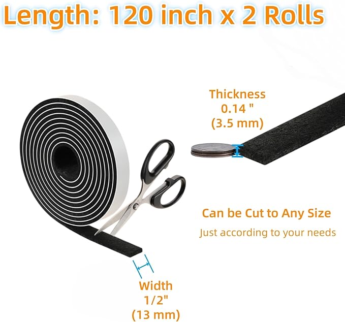 Furnigear Felt Strips with Adhesive Backing Heavy Duty Cuttable Felt Tape Roll Furniture Pads for Chair Legs - Protecting Hardwood Floors, Chair Wall Protector (Black, 120 x 0.5 x 0.14 Inch)