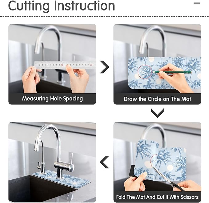 Kitchen Sink Splash Guard 2 PCS 14.7 Inch Sink Faucet Mat Splash Guard for Bathroom Countertop Water Absorbent Foldable Cuttable Soft Washable Light Blue Palm Trees and Sun
