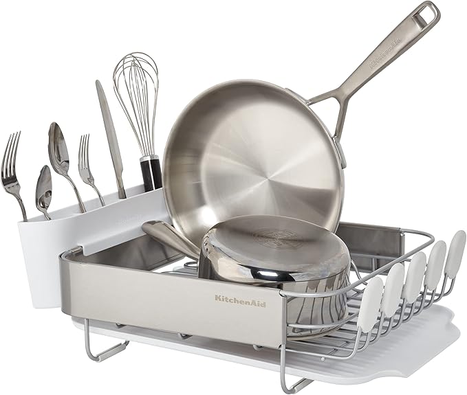 KitchenAid Compact Satin Wire Rust Resistant, Expandable Dish Rack with Angled Self Draining Drainboard with Removable Flatware Caddy, 23.18-Inch, Gray