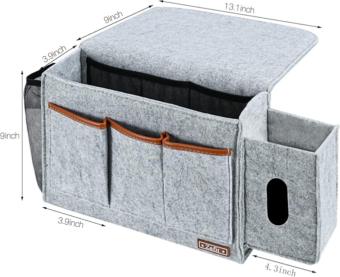 Zafit Bedside Caddy, Large Size Bedside Storage Organizer Bedside Organizer Caddy for Magazine Remotes Phone (13.4'' x 18.1'' Tissue box holder, Light Grey)