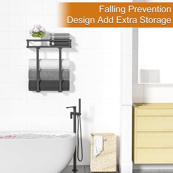 Towel Racks for Bathroom Wall Mounted, Xstydes Metal Towel Holder with Wooden Shelf for Folding Large Towels, Towel Storage for Small Bathroom Organizer Decor or RV Camping, Black