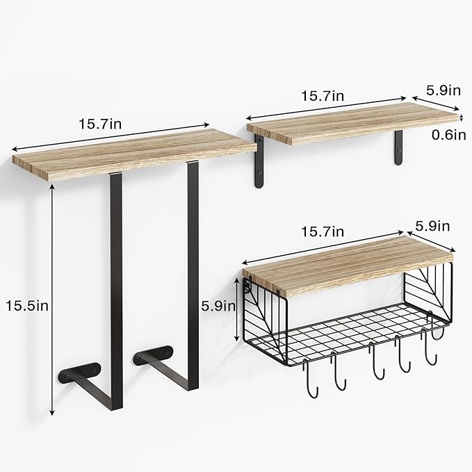 Fixwal Bathroom Floating Shelves Over Toilet Wall Shelves Set with Towel Storage Rack for Bathroom Organization & Wall Decor(Rustic Brown)