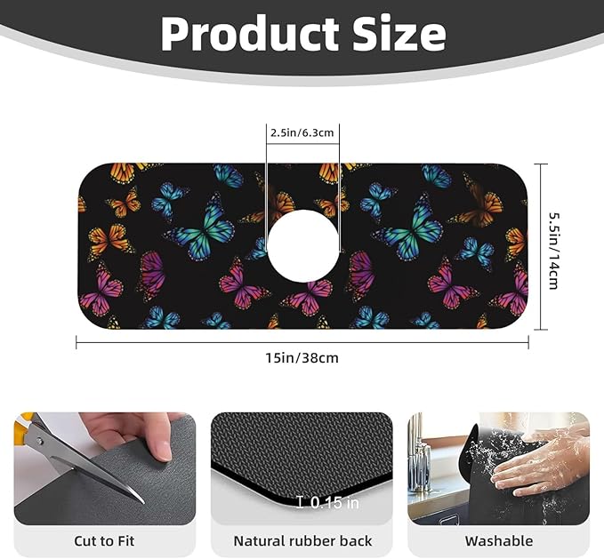 Butterfly Abstract Butterflies Kitchen Sink Splash Guard Faucet Mat Super Absorbent Fast Drying Mat Sink Gadgets-Fast Drying Pad Sink Mat For Kitchen Bathroom (15" X 5.5" )
