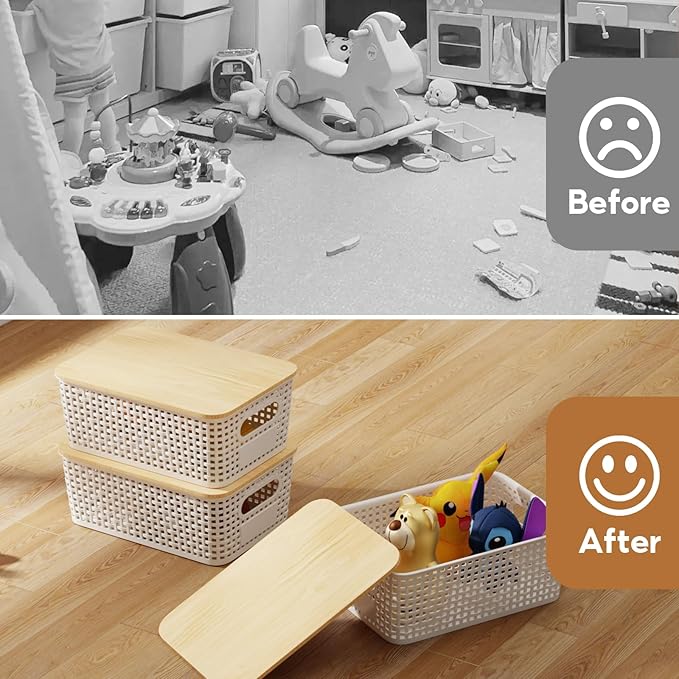 8 Pack Plastic Storage Bins with Bamboo Lids - Stackable Storage Baskets with Lids for Pantry Organizer and Storage, Small Plastic Stackable Storage Bins for Shelves, Office, Cabinet &Pantry,Nursery