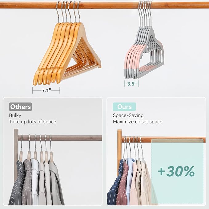 Tonswachic Pack of 50 Coat Hangers, Space-Saving Plastic Clothes Hangers, Non-Slip, 0.2 Inches Slim, 360° Swivel Silver Hook for Shirts, Pants, Suit & Wet/Dry Garments, Pink and Dark Gray