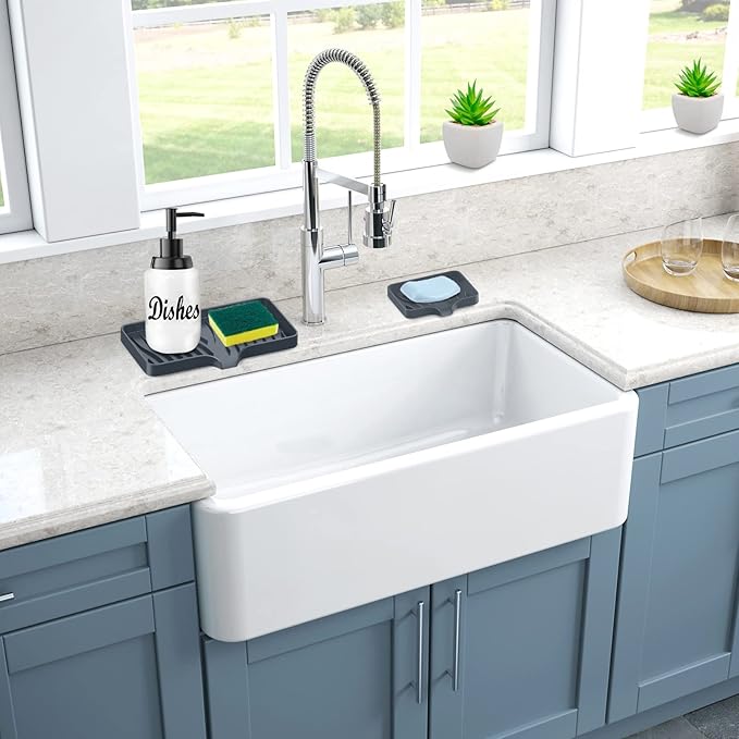 Silicone Sponge and Soap Holder, Self Draining Kitchen Caddy Sink Organizer with Soap Dispenser and Palm Brush