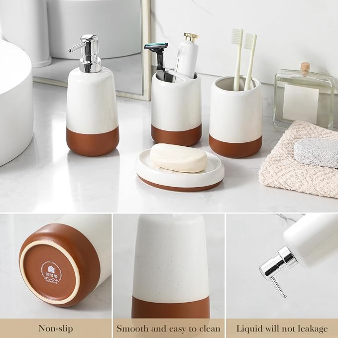 MALACASA Ceramic Bathroom Accessories Sets, 4 PCS,Soap Dispenser, Toothbrush Holder, Toothbrush Cup and Soap Dish, Durable Bathroom Sink Set for Modern Home Decor,Gift Set, Khaki White