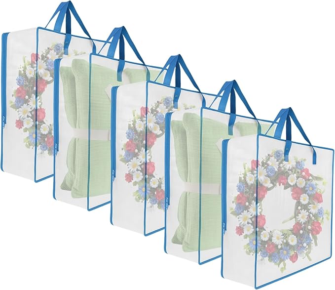 5 Pack Moving Bags, Wreath Storage Bag, Garland Container, Clear Storage Bags with Handles and Zippers Moving Bag for College Carrying, Bedding, Toys Organizer, Under the Bed Storage