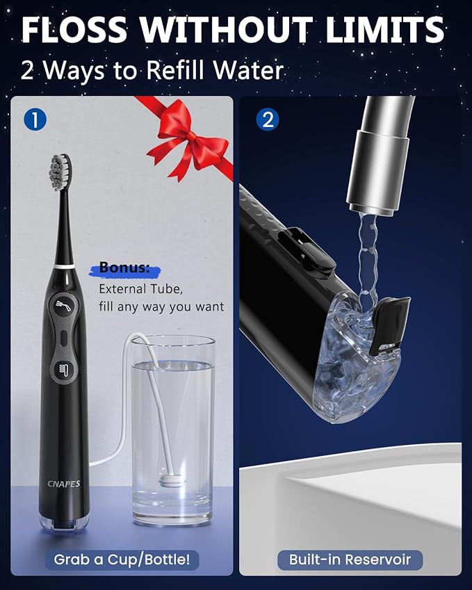 3-in-1 Flossing Toothbrush – Flosses, Vibrates and Oscillates, Electric Toothbrush with Water Flosser for Adults, 5 Brush Heads, 3 Modes for Plaque Removal, Sensitivity & Braces, Travel - Black