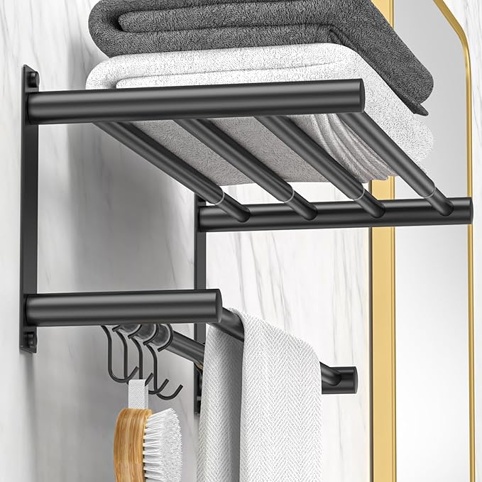 CAXIMSY Black Adjustable Black Towel Bar for Bathroom Wall Mount17-30.7inch Adhesive Shower Towel Rack Stainless Steel Bath Towel Holders for Toilet Kitchen Double Towel Hanger