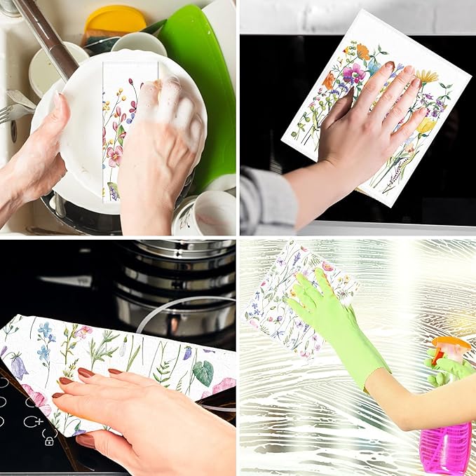 Swedish Dishcloths for Kitchen, 6PCS Wildflower Cellulose Sponge Reusable Paper Towels Washable, Flower Absorbent Fast Drying Swedish Dish Cloth for Home Cleaning