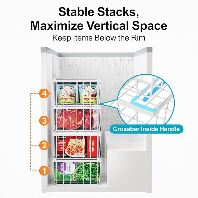 iSPECLE Deep Freezer Organizer, 8 Pack Wire Baskets for 5 Cu.Ft Chest Freezer & Upright Freezers (Over 8.5 Cu.Ft), 14" x 9.4" Stackable Heavy Duty Storage Bins Easy Access to Sort Meat, White