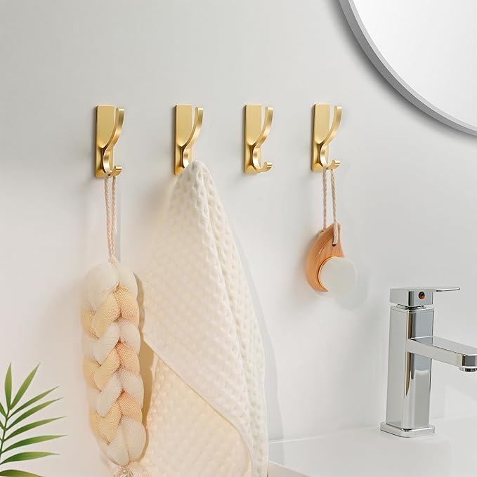 pickpiff Adhesive Wall Hooks for Towels - Sticky Hook Hanging Heavy Duty (13lb), Hanger for Door, Bathroom, Dorm, Closet - for Coats, Purse, Bag, Robe - No Damage to Wall - Gold 6 Pack