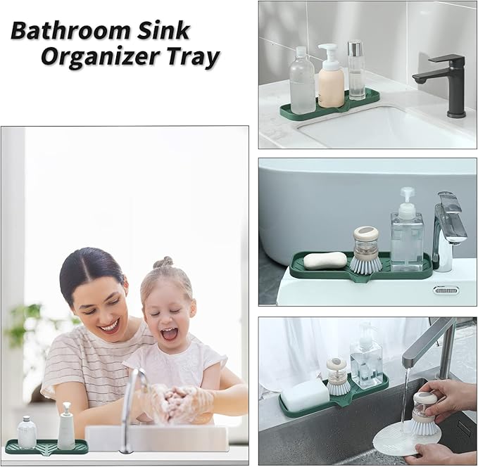 MicoYang Silicone Bathroom Soap Dishes with Drain Spout-Bathroom and Kitchen Sink Organizer,Sponge Holder,Dish Soap Tray,Perfect for Dispenser,Scrubber,Bottle,Cup on Sink or Counter-Green 12"×4"