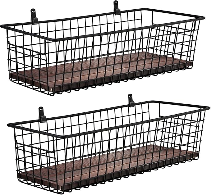 SheeChung 2 Set [Extra Large] Portable Metal Farmhouse Wall Decor Storage Organizer Basket Bin with Handles & Floating Shelves for Hanging in Bathroom, Kitchen, Office-Wall Mount Hooks, Black