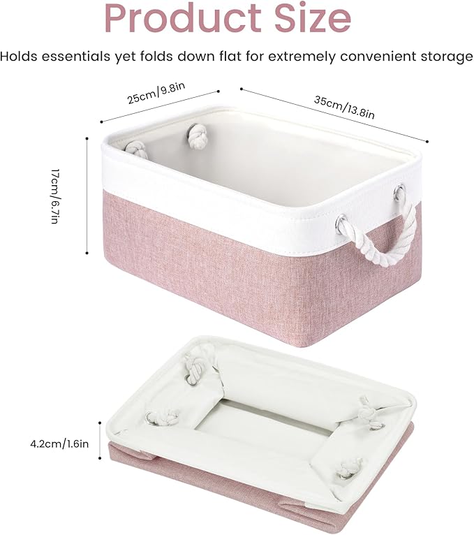 Storage Baskets for Shelves 13.8x9.8x6.7 Inch, Foldable Fabric Storage Bins with Handles, Small Storage Baskets for Organizing Closet, Office, Home Organization (6-Pack, White&Pink)