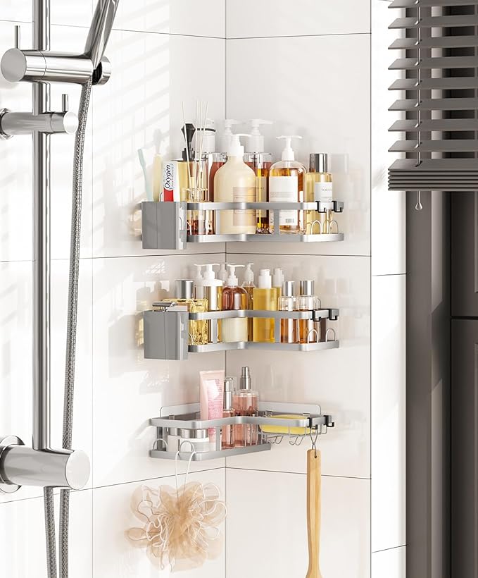 3 Pack Corner Shower Caddy Organizer, Rustproof Corner Shower Shelves, No Drilling Bathroom Corner Shelf with Hooks and Toothpaste Holder