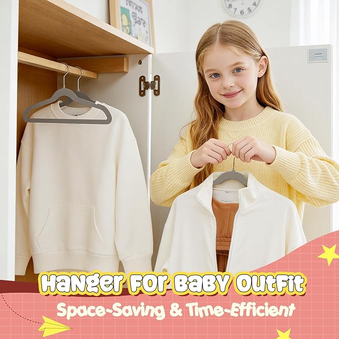 Korpai 50 Pack Baby Velvet Hangers 11 Inch, Non-Slip, Ultra Slim,Space-Saving Baby Hangers with 360° Swivel Hook, 7LBS Capacity, Toddler & Baby Romper/Dresses/Shirts/Coats/, Grey