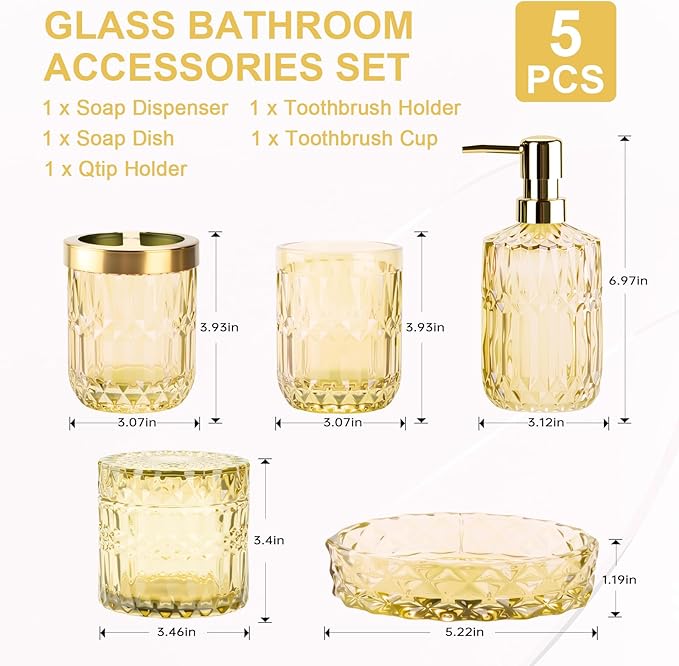 Clear Gold Bathroom Accessories Set, 5Pack Clear Glass Bathroom Accessories, Includes Lotion Soap Dispenser, Toothbrush Holder, Qtip Holder and Soap Dish, Vintage Bathroom Decor