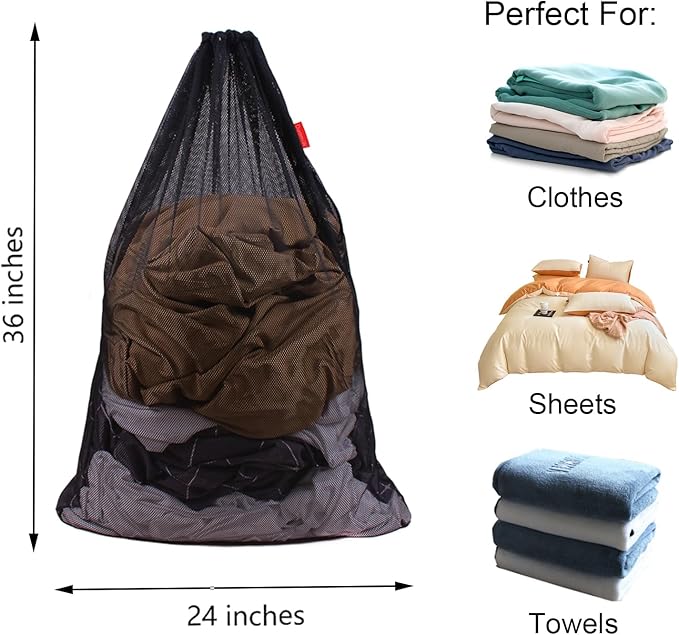 2 Pack Mesh Laundry Bags, 24 x 36 Inches Heavy Duty Drawstring Bag, Factories, College, Dorm, Travel and Apartment Dwellers, Black&White