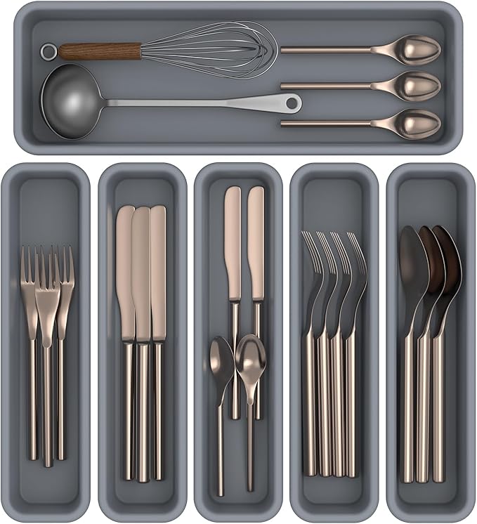 6 Pack Silicone Drawer Organizer for Kitchen, DIY Free Combination Silverware Organizer, Utensil Drawer Organizer, Moisture-proof and Heat-resistant up to 200°C, Anti-slip Design (Grey)