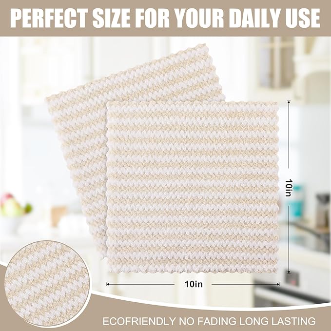 Homaxy 24 Pack Kitchen Dish Cloths, Ultra Soft and Absorbent Dish Towels, Reusable Fast Drying Microfiber Cleaning Cloth, Coral Velvet Wave Design No-lint, 10 x 10 inches, Beige