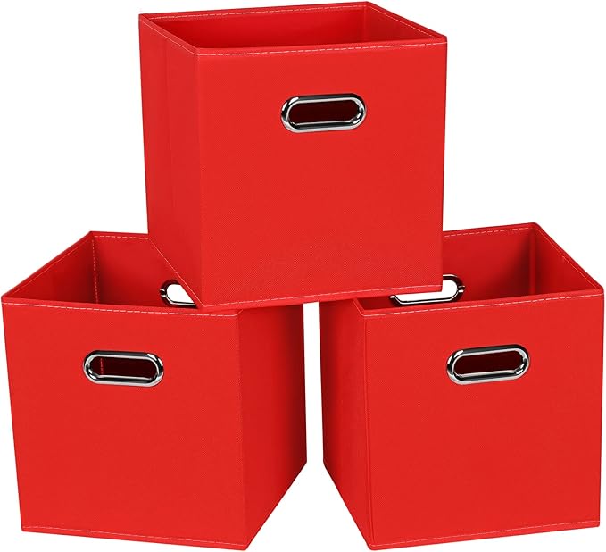 STOREONE Fabric Storage Bins Cubes Baskets Containers-(11X11X11) with Dual Handles for Shelf Closet, Nursery Home ， Bedroom Organizers, Foldable Set of 3 (Red)