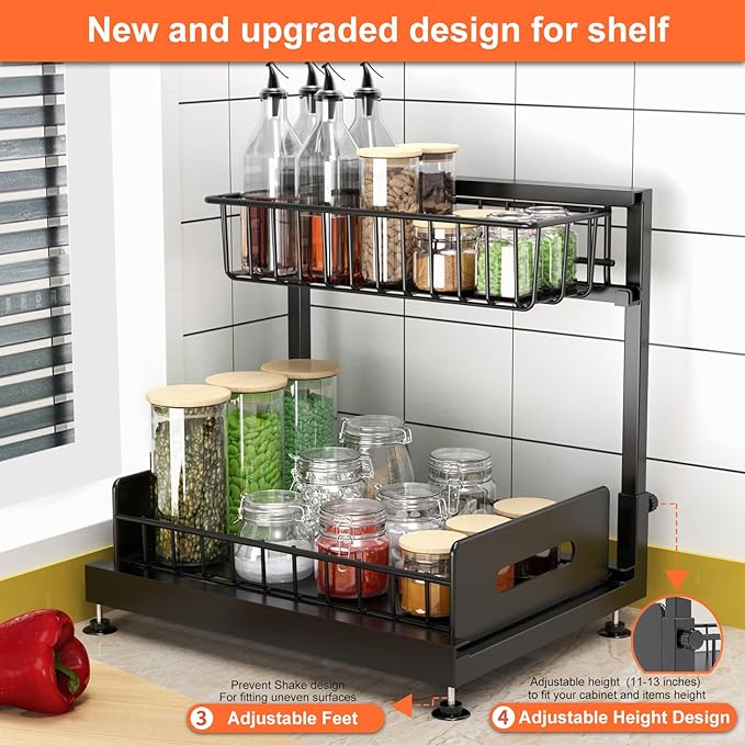 Under Sink Organizer And Storage,Pull Out Cabinet Organizer,2-Tier Slide Out Kitchen Basket Sink Shelf Cabinet Organizers,Adjustable L Shape Under Counter Organizers For Bathroom Kitchen Organization