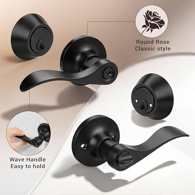 Knobonly 1 Set Entry Door Lever and Deadbolt Lock Set, Deadbolts Keyed Both Sides, All Keyed Same, Wave Style Front and Exterior Door Handleset with Double Cylinder, Matte Black Finish