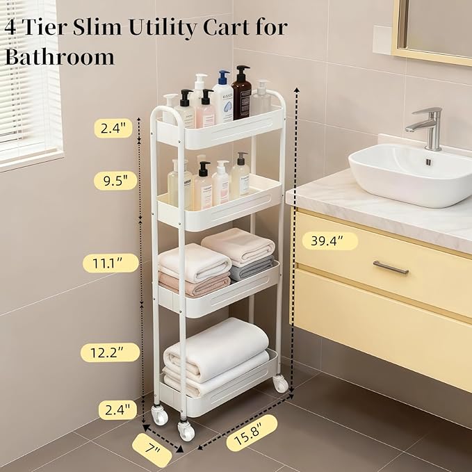 4 Tier Slim Kitchen Storage Cart for Narrow Space, 7.1'' Wide Metal Rolling cart with Wheels and Lockable Casters, Sturdy Mobile Thin Shelf for Laundry Room Between Washer and Dryer, White
