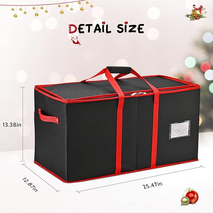 Mrrihand Christmas Ornament Storage Box, Ornament Storage Container with 8 Trays-Xmas Decoration Organizer Keeps 128 Holiday Ornaments 3-Inch, Dual Zipper Closure, 600D Tear-Proof（Black）