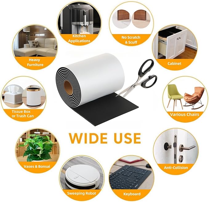 Felt Furniture Pads - Heavy Duty Cuttable Strips with Adhesive Backing, Self-Adhesive Felt Strips, Pad, Tape Roll for Chair Legs, Hard Floor and Wall Protection (Black, 40 x 5 x 0.14 Inch)