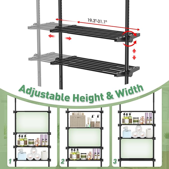 Over The Toilet Storage Shelf, 4-Tier Adjustable Over Toilet Bathroom Organizer,Tension-Mounted Bathroom Storage Rack for Ceilings, No Drill Space-Saving Shelving for Small Rooms,Black
