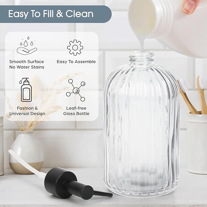 Topsky 2 Pack Glass Soap Dispenser with Plastic Pump, 400ml Liquid Hand Soap Dispenser, Rustproof Pump for Kitchen & Bathroom, Great for Lotions, Essential Oil, Liquid Soaps,Transparent